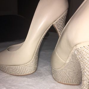 Embellished PEEP TOE NUDE PLATFORM HEELS- US9 EU40